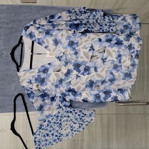 NWT - Calvin Klein blue / grey floral blouse with bell sleeves
